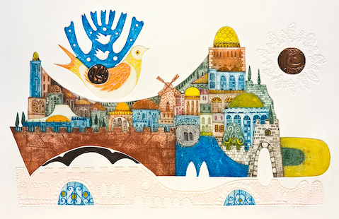 Jerusalem Gate - Psalm 122 is a hand colored & embossed etching by Amram Ebgi from the Art + Psalms Exhibit featured at the 2012 Calvin Symposium on Worship. The etching Jerusalem Gate - Psalm 122 by Amram Ebgi, along with the other art from the exhibit is offered to churches in the Art + Psalms CD Collection. The images are formatted for use as powerpoint, sermon illustrations and bulletin covers. The Art + Psalms CD Collection is available through Eyekons Church Image Bank.