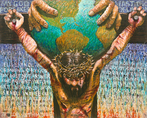 Crucifixion - Psalm 22 is a painting by Wayne Forte from the Art + Psalms Exhibit featured at the 2012 Calvin Symposium on Worship. The painting Crucifixion Psalm 22 by Wayne Forte, along with the other art from the exhibit is offered to churches in the Art + Psalms CD Collection. The images are formatted for use as powerpoint, sermon illustrations and bulletin covers. The Art + Psalms CD Collection is available through Eyekons Church Image Bank.