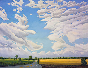 The painting "84th Street, Byron Center, Michigan" by Chris Overvoorde portrays a beautiful Michigan landscape on a late summer afternoon. The clouds billow above the flat farmland as a road disappears into the distance. The Chris Overvoorde painting "84th Street, Byron Center, Michigan" is for sale from Eyekons Gallery - a source for Christian art, religious art and biblical art. 
