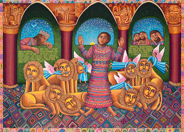 John August Swansons serigraph "Daniel" portrays the story of "Daniel in the Lions Den" from Daniel 6. Daniel is sentenced to a terrifying death, yet he stands calmly in the midst of the wild lions. The narrative composition and resonant color give the serigraph a luminous, iconic quality. The serigraph of "Daniel" by John August Swanson is for sale from Eyekons Gallery - a source for Christian art, religious art and biblical art. 