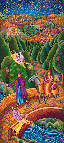 The serigraph Flight Into Egypt by John August Swanson portrays the New Testament story of Mary, Joseph and the baby Jesus fleeing King Herod and the Massacre of the Innocents for the safety of Egypt as told in Matthew 2:13-15. 
