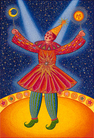 The serigraph "Star Clown" by John August Swanson portrays a magical jester showered in twin beams of light. He holds aloft the moon and the sun - grasping both, yet bound by neither. Like the artist, he straddles the earth and the heavens becoming a true healer, a channel of energy from the divine. "Star Clown" by John August Swanson is for sale from Eyekons Gallery - a source for Christian art, religious art and biblical art. 