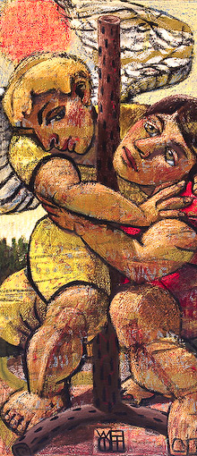 The painting Aquele Abraco by Wayne Forte portrays the Bible story of Jacob Wrestling with the Angel of God as told in Genesis 32:22-32. The title Aquele Abraco comes from a Brazilian song and means 