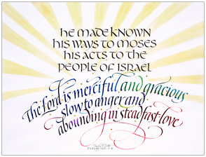 Psalm 103, the watercolor and calligraphy by Timothy Botts, is available as a Fine Art Giclee Print & Greeting Card from Eyekons. The Timothy Botts calligraphy, Psalm 103 was featured in the Art+Psalms exhibit at the 2012 Calvin Symposium on Worship and is also available to churches in the Art+Psalms CD, a collection of stock images for powerpoint, sermon illustrations and bulletin covers.
