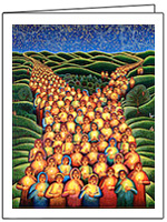 Eyekons Prints, Posters & Cards offers a selection of John August Swanson Christmas Cards. The serigraphs Festival of Lights, Epiphany, Flight Into Egypt, Nativity, Presentation in the Temple, Shepherds and A Visit are available as a John Swanson Christmas Card. The John Swanson Advent Triptych Christmas Card has 3 panels and features Shepherds, Nativity and Epiphany. Eyekons - a source for religious Christmas cards featuring the Advent art of John Swanson.