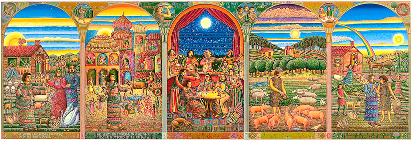 The serigraph Story of The Prodigal Son, by John August Swanson is part of The Larry & Mary Gerbens Collection of Art inspired by the parable of the Prodigal Son. The John August Swanson serigraph Story of The Prodigal Son, is featured in the book The Father & His Two Sons - The Art of Forgiveness