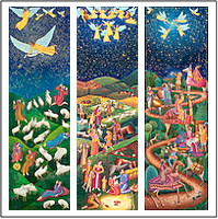 The Advent Triptych Poster & Christmas Card by John August Swanson features his serigraphs Epiphany, Nativity and Shepherds. The Advent Triptych illustrates the Christmas story and shows the Journey of the Magi, the Nativity in Bethlehem & the Adoration of the Shepherds. The Advent Triptych by John Swanson is available as a Christmas poster & religious Christmas card from Eyekons Prints, Posters & Cards.