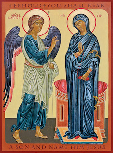 The icon Annunciation by Nicholas Markell portrays the Annunciation to Mary where the Archangel Gabriel appears and tells Mary, "Behold, you shall be a son and name him Jesus," as written in Luke 1:26-38 