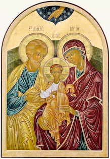 The icon Holy Family by Nicholas Markell is an iconic Nativity of Joseph, Mary and the young Jesus in Orthodox splendor with glowing nimbus halos.