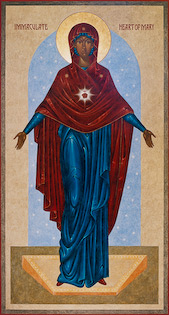 The icon Immaculate Heart by Nicholas Markell portrays Mary with her heart radiating and her hands wide open. The Immaculate Heart refers to the interior life of Mary, her joys and sorrows, her virtues and hidden perfections, her virginal love for God and her compassionate love for all people.