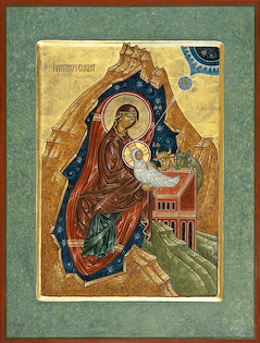 The icon Nativity by Nicolas Markell is done in the Russian orthodox style showing Mary and the bundled baby Jesus in a cave surrounded by the stars of eternity