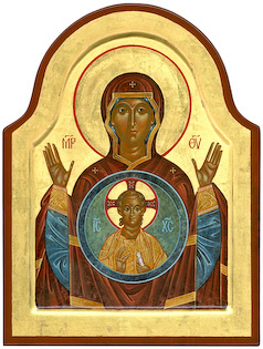 The icon Our Lady of the Sign by Nicholas Markell presents the Theotokos, the Mother of God with her hands raised in the orans position, with the image of the Child Jesus depicted within a round aureole upon her breast.