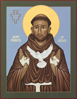 The icon of Saint Francis of Assisi by Nicholas Markell portrays St. Francis with the stigmata on his open, bandaged hands releasing a white dove in flight. The strong composition and beautiful colors present a wonderful portrait of Saint Francis, the founding father of the Franciscan Order.  