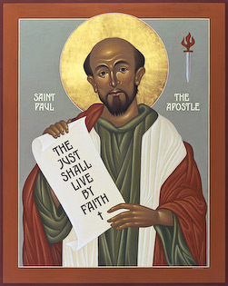 The icon of St. Paul by Nicholas Markell is available as a stock image from Eyekons Stock Image Bank and Church Image Bank. Saint Paul the Apostle is portrayed with a scroll of his famous phrase, "The just shall live by faith," from Romans 1:17.