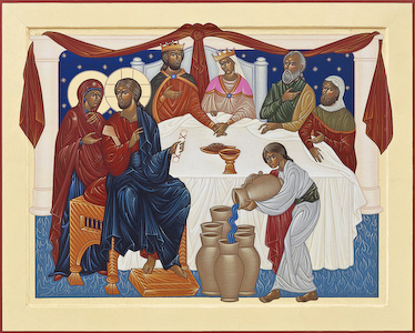 The icon of the Wedding Feast at Cana by Nicholas Markell portrays the story of the Wedding Feast at Cana where the wine for the wedding celebration has run out and Jesus then turned the water into wine as written in John 2: 1-11. 