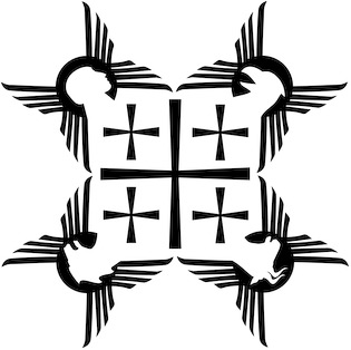 The graphic illustration Evangelists - 5 Crosses by Nicholas Markell portrays Matthew, Mark, Luke and John, the four authors of the Gospels of the New Testament by their symbolic tetramorphs as described in the visions of the prophet Ezekiael in Ezekial 1: 4-10 and John the Evanagelist in Revelation 4: 6-7. Matthew is represented as a winged young man, Mark as a winged lion, Luke as a winged ox and John as an eagle. Evangelists - 5 Crosses is great religious image for church bulletin covers, Christian Powerpoint and sermon illustrations. 