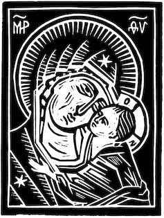 The woodcut Mother of God by Nicholas Markell is a classic iconic portrayal of Mary and Jesus done in the black and white medium of the wood cut. Mother of God a great Christmas and Advent stock image for church bulletin covers, Christian Powerpoint and sermon illustrations. 