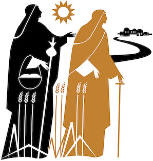The graphic illustration of Naomi and Ruth by Nicholas Markell shows Naomi and Ruth returning to Naomis ancestral home Bethlehem as told in Ruth 1. Naomi and Ruth is great religious image for church bulletin covers, Christian Powerpoint and sermon illustrations.