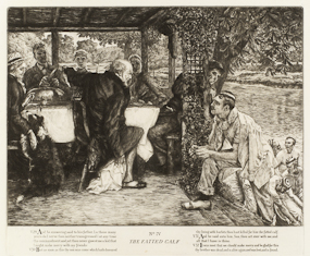The etching of The Prodigal Son in Modern Life No 4: The Fatted Calf, by JJ Tissot is part of The Larry & Mary Gerbens Collection of Art inspired by the parable of the Prodigal Son. The JJ Tissot etching of The Prodigal Son in Modern Life No 4: The Fatted Calf, is featured in the book The Father & His Two Sons - The Art of Forgiveness