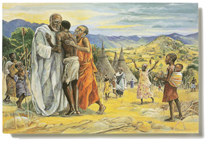 The postcard The Prodigal Son, by Jesus Mafa is part of The Larry & Mary Gerbens Collection of Art inspired by the parable of the Prodigal Son. The Jesus Mafa postcard The Prodigal Son, is featured in the book The Father & His Two Sons - The Art of Forgiveness