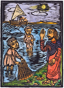 Calling of the Disciples, by Solomon Raj - Hand-colored Woodblock print is available as a stock image from Eyekons Stock Image Bank and Church Image Bank.