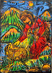 The Shepherd, by Solomon Raj - Hand-colored Woodblock print is available as a stock image from Eyekons Stock Image Bank and Church Image Bank.