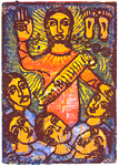 The Fourfold Bondage, by Solomon Raj - Hand-colored Woodblock print is available as a stock image from Eyekons Stock Image Bank and Church Image Bank.