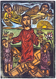 Resurrection, by Solomon Raj - Hand-colored Woodblock print is available as a stock image from Eyekons Stock Image Bank and Church Image Bank.