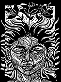The linoleum print "Fertile Mind" by African American artist Steve Prince shows a spirited woman growing flowers from her own fertile mind. The energized composition shows spirits rising from the rich realm of her imagination reaching out to the world around her. The linocut - woodcut "Fertile Mind" by Steve Prince is available as a stock image from Eyekons Stock Image Bank.