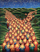 John August Swansons Festival of Lights poster is available for sale from the Eyekons Gallery at www.eyekons.com. 
			     The poster of Festival of Lights is a powerful image portraying an endless procession of children carrying candles. 
			     They come from the far distant rolling hills, marching forward, bringing light and peace to the world. The glowing procession, 
			     set amidst the lush, green hills under the starry sky, combine to form a mythical image of great power and beauty.  
			     John writes, "This is a procession of children from every city and town. They gather together from many places, joining an 
			     unending procession towards peace and nonviolence for all children of the world." The poster of John August Swansons Festival 
			     of Lights is available for sale in the Eyekons Gallery at www.eyekons.com. Eyekons Gallery offers John Swansons most popular 
			     images as affordable posters. 