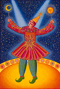 John August Swansons serigraph Star Clown is for sale in the Eyekons Gallery at www.eyekons.com. John Swanson printed 
			     the serigraph of Star Clown in 2008 in an edition of 122. John August Swansons serigraph Star Clown portrays a magical jester 
			     showered in twin beams of light from above. John Swanson writes, "This clown is our shaman, innocent and filled with bliss. 
			     He performs the scenarios that reenact all the foibles of life as a comedic show and through his antics, all of humanitys 
			     suffering - the striving, the toil, the loss - is transformed into laughter and joy. Star Clown holds aloft the moon and the sun 
			     - holding both, yet bound by neither. Like the artist, he stands between the dualities of this world. He straddles the Earth and 
			     the heavens - as a true healer, a channel of energy from the divine, bathed in a shimmering radiance from above. Eyekons is a 
			     resource for contemporary Christian art that explores religion, spirituality and social justice