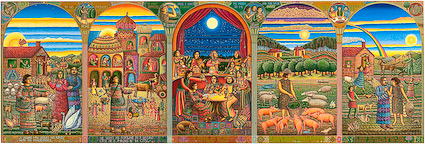 Story of the Prodigal Son by John August Swanson is one of many images featured in the "Portfolio" presentation 
			     of The Art of John August Swanson. The Portfolio presents an historic overview of John Swansons creative career. 
			     John August Swansons serigraph of the Story of the Prodigal Son beautifully illustrates Jesus well know parable from
			      Luke 15:11-32. Inspired by the narrative painting of 18th and 19th century Sweden, John portrays the story of the Prodigal Son 
			      with five panels, each depicting a stage in the Prodigals journey. The narrative composition, the rich, resonate colors, 
			      the beautiful ornate borders and John Swansons unique vision all combine to form a truly original re-telling of this popular 
			      parable. Its a visual journey through a powerful story that explores greed and regret, sin and redemption, jealousy and 
			      acceptance and most importantly, compassionate forgiveness. Eyekons is a resource for contemporary Christian art 
			      that explores religion, spirituality and social justice.