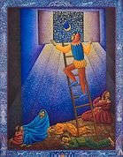 Jester, a serigraph by John August Swanson, available for sale from the Eyekons Gallery at www.eyekons.com. 
			     John Swanson printed the serigraph of Jester in 2001 in an edition of 220. Jester is inspired by Johns love of the circus 
			     and his belief that the jester, the fool, and the harlequin are wise and insightful visionaries. John reflects on creating 
			     Jester, saying, "The theme developed from my earlier drawings and paintings of the Dream of Jacob. I wanted to give the feelings 
			     of dreams and imagination a visual form and show them as the inner creative source of our lives. I also wanted to include in 
			     this the spiritual theme of the fool and the dreamer, which is part of many traditions. It references the scriptural passage 
			     "God has chosen what the world holds foolish so as to embarrass the wise." Eyekons is a resource for contemporary Christian art 
			     that explores religion, spirituality and social justice.