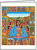 John August Swansons Madonna of the Harvest greeting card is available for sale in the Eyekons Gallery at 
			     www.eyekons.com. Eyekons Gallery offers a complete line of greeting cards featuring the art of John August Swanson. 
			     The Madonna of the Harvest is inspired by his belief that daily life is the material of spiritual life. John Swansons 
			     creative vision reveals the divine in the earthly tasks at hand; he infuses the world with a vision of the holy. 
			     The Madonna and Child are set within the rich landscape of the harvest. They are surrounded by a border of miniature images 
			     that depict the cycles of growth, from sowing the seed to sharing the harvest. John writes, "I wanted to portray Mary as a 
			     young woman who was close to the Earth, with her feet firmly planted in its soil; who knows poverty; who is a refugee and 
			     who understands the labor of those who work the land. I wanted to express the goodness and beauty of Mother earth; and to 
			     celebrate a humankind that cares for the Earth and is able to share its bounty."