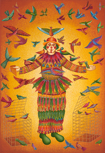 The John August Swanson serigraph "Papageno" is for sale from Eyekons Gallery. The serigraph "Papageno" by John Swanson portrays the clown from Mozarts opera The Magic Flute. Joan Prefontaine writes, "Papageno" is a guileless bird-catcher with many foibles. His many weaknesses cause us to identify with him. "Papageno" is a clown of liberation, someone who frees our captured spirit-birds into worlds of greater promise." Eyekons is a source for Christian art, religious art, biblical art and church art.