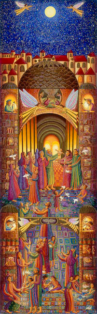 The John August Swanson serigraph "Presentation in the Temple" is for sale from Eyekons Gallery. The serigraph "Presentation in the Temple" by John Swanson tells the story of Mary and Joseph bringing the infant Jesus to the temple in Jerusalem to consecrate him to the Lord as told in Lk 2:22-38. Mary and Joseph enter with the temple with an offering of two doves as a symbol. Anna and Simeon come and greet the child and present him in praise and honor to the Lord. Eyekons is a source for Christian art, religious art, biblical art and church art.