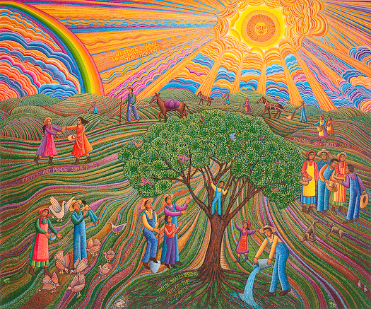 John August Swansons serigraph of "Psalm 85" is available for sale in the Eyekons Gallery. The John August Swanson serigraph "Psalm 85" illustrates the hope and the promise God extolled in the psalm: "Justice and Peace shall kiss, Truth shall spring out of the earth. Kindness and Truth shall meet, Justice shall look down from the heavens." John writes, "To read these words, leads us from reverence to restoration and refreshes our spirit." Eyekons is a source for Christian art, religious art, biblical art and church art.