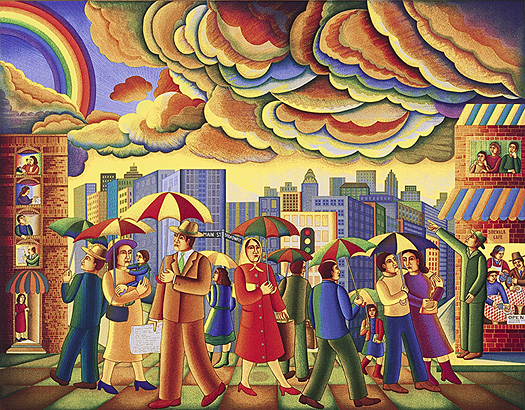 The John August Swansons serigraph Rainbow City is for sale from Eyekons Gallery. Eyekons Gallery is a resource for Christian art, religious art, biblical art and church images.