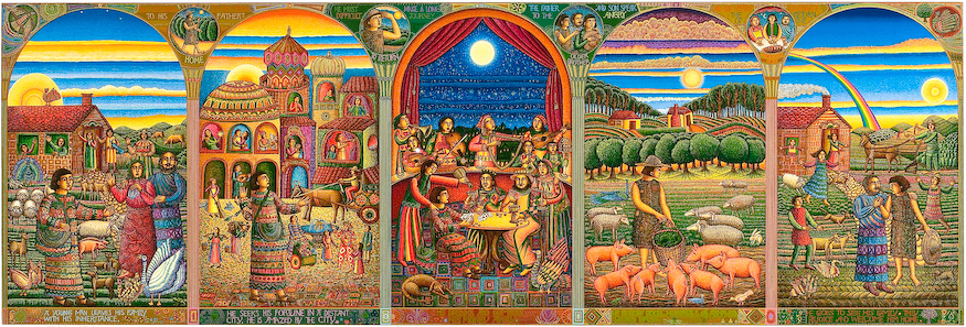 The John August Swanson serigraph "Story of the Prodigal Son" is for sale from Eyekons Gallery. The serigraph "Story of the Prodigal Son" by John Swanson illustrates Jesus parable from Luke 15:11-32. John portrays the story of the Prodigal Son with five panels, each depicting a stage in the Prodigals journey. It explores the themes of greed and regret, sin and redemption, jealousy and acceptance and compassionate forgiveness. Eyekons is a source for Christian art, religious art, biblical art and church art.