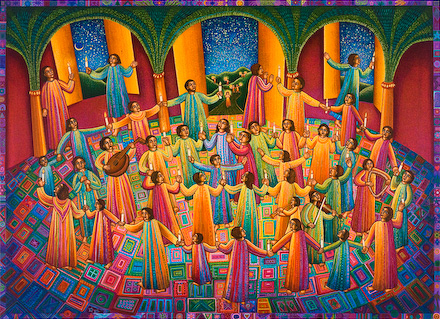 The John August Swanson serigraph "Celebration" is for sale from Eyekons Gallery. "Celebration" is a joyful portrayal of people gathering in a circular dance, united in praise and worship. Inspired by the ethnic dances of the world, the serigraph reflects John Swansons love of communal gatherings and shared celebrations. Eyekons is a source for Christian art, religious art, biblical art and church images.