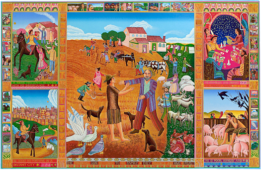 The John August Swanson serigraph "Prodigal Son" is for sale from Eyekons Gallery. The serigraph "Story of the Prodigal Son" by John Swanson illustrates Jesus parable from Luke 15:11-32. John portrays the story of the Prodigal Son with five panels, each depicting a stage in the Prodigals journey. It explores the themes of greed and regret, sin and redemption, jealousy and acceptance and compassionate forgiveness. Eyekons is a source for Christian art, religious art, biblical art and church art.