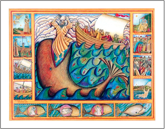 John August Swanson's poster of Jonah and the Whale wonderfully illustrates the story Jonah being eaten by the whale, spending three nights in its belly and then being tossed up on shore. Jonah then heeds God's call and goes to reform Nineveh. 