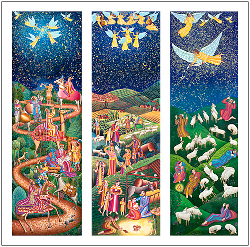 The Advent Triptych poster by John August Swanson for A Thrill of Hope DVD, features his serigraphs of Epiphany, Nativity and Shepherds and beautifully illustrates the Christmas story. The John August Swanson Advent poster is for sale from Eyekons Gallery, www.eyekons.com.