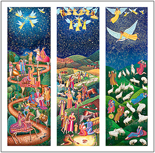 The Advent Triptych poster by John August Swanson for A Thrill of Hope DVD, features his serigraphs of Epiphany, Nativity and Shepherds and beautifully illustrates the Christmas story. The John August Swanson Advent poster is for sale from Eyekons Gallery, www.eyekons.com.