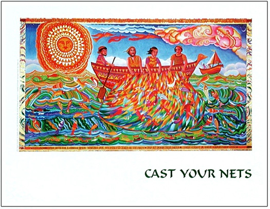 The poster of Cast Your Nets by John August Swanson illustrates the story from Luke 5 when Jesus guided Simon and the fishermen to a truly miraculous catch of fish, calling his disciples to be 