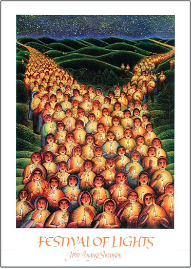 The poster of Festival of Lights by John August Swanson portray a glowing procession of children all carrying candles under the starry sky. It's a mythical image of great power and beauty. The John August Swanson poster of Festival of Lights is for sale from Eyekons Gallery, www.eyekons.com