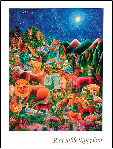 John August Swanson Peaceable Kingdom poster is for sale from the Eyekons Gallery, www.eyekons.com. John August Swansons popular image of Peaceable Kingdom illustrates the passage from Isaiah 11, 