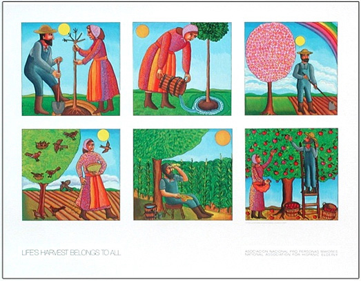 The poster Tree Planting by John August Swanson is for sale from Eyekons Gallery. John Swanson beautifully illustrates the life cycle of a tree, from the time it is planted, to the harvest of its fruit. 