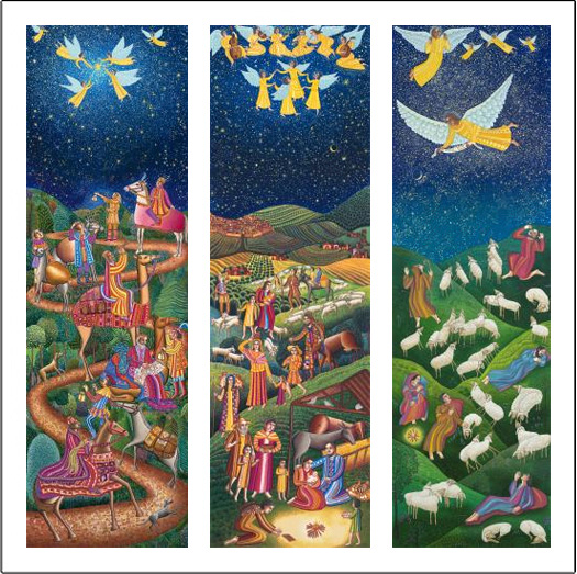Advent Triptych poster by John August Swanson - resource for A Thrill of Hope DVD, featuring Epiphany, Nativity and Shepherds - for sale at the Eyekons Gallery The Advent Triptych poster by John August Swanson - resource for A Thrill of Hope DVD, features his serigraphs of Epiphany, Nativity and Shepherds and beautifully illustrates the Christmas story. The John August Swanson Advent poster is for sale from Eyekons Gallery, www.eyekons.com.