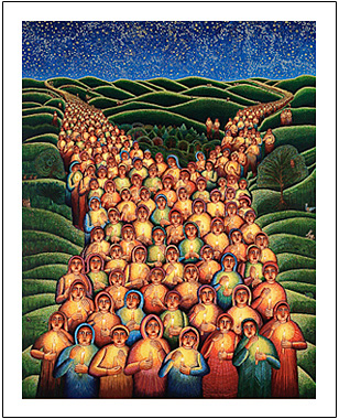 The poster of Festival of Lights by John August Swanson portray a glowing procession of children all carrying candles under the starry sky. Its a mythical image of great power and beauty. The John August Swanson poster of Festival of Lights is for sale from Eyekons Gallery, www.eyekons.com